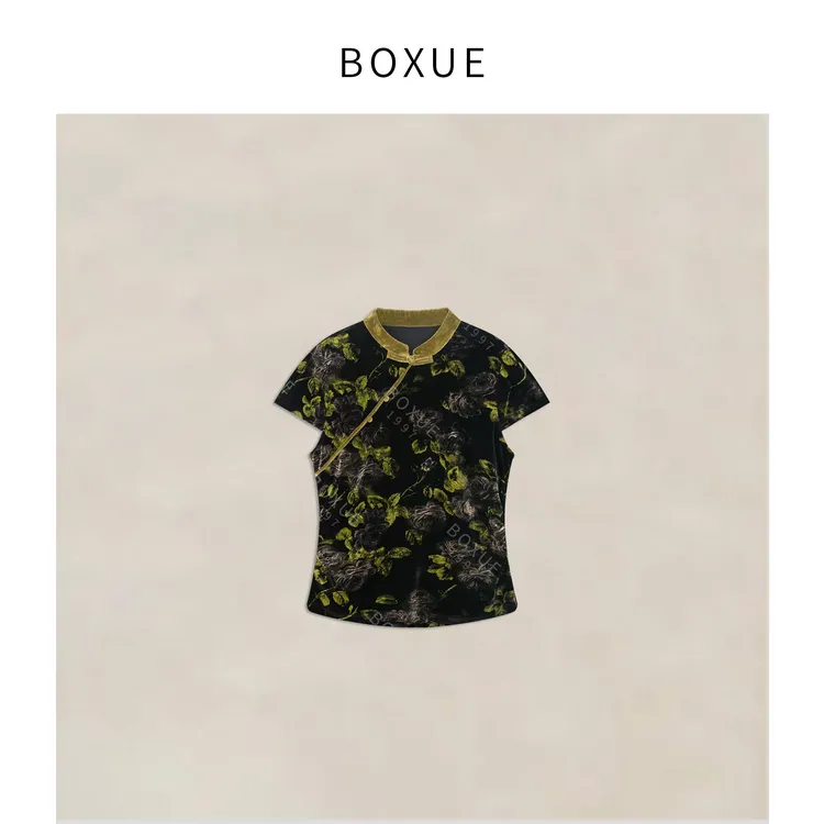 BOXUE”龙井”2025秋季高级感新中式植绒轻奢 T恤#250731T3325