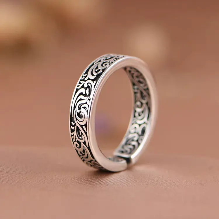 925银戒指 男士纯银戒指开口可调节指环单身唐草霸气复古礼物