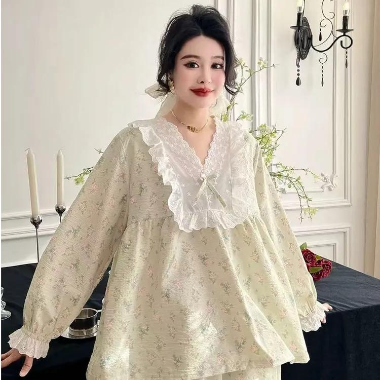 秋冬蕾丝花边睡衣女士大码宽松可爱印花长袖长裤家居服套装  #690