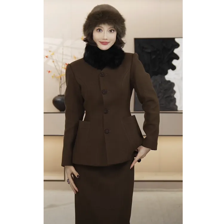 [京京]2025秋冬季复古V领收腰短款毛呢毛呢时尚套装HBZX710148