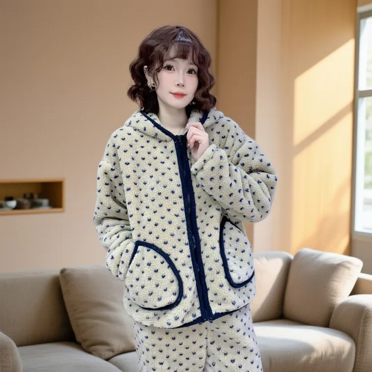 【瑜妹妹】新款连帽蓝爱心韩版-秋冬季加加绒加厚女保暖睡衣家居服