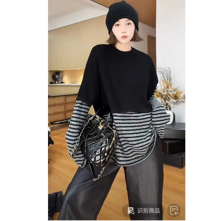 YYOUHAN 2025新款经典百搭休闲雪花棉条纹T恤上衣 2408B3807