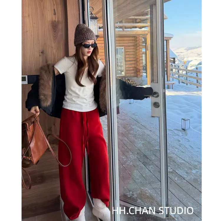 HH.CHAN “rose” 设计师特调复古红色百搭直筒休闲卫裤HH55S41235