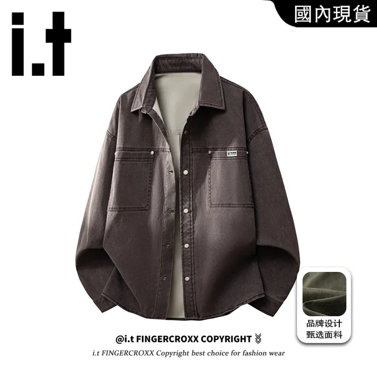 i.t FINGERCROXX秋季新款美式复古大码衬衫宽松休闲水洗工装衬衫