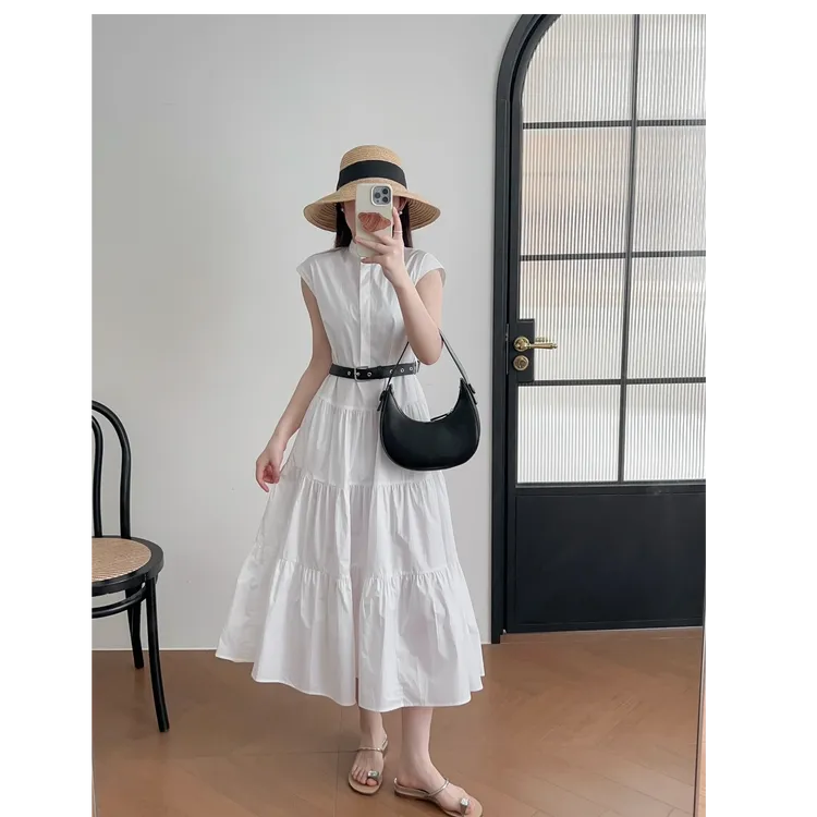 法式立领花瓣无袖白色连衣裙感设计高贵典雅又尽显温柔法式茶歇裙