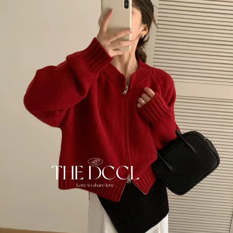 2025慵懒风毛衣外套女秋冬新款韩系简约宽松圆领拉链针织开衫上衣