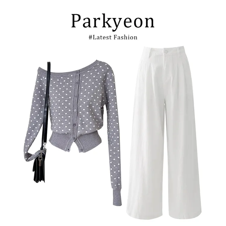parkyeon老钱风松弛感女装早秋波点针织开衫修身显瘦休闲裤两件套
