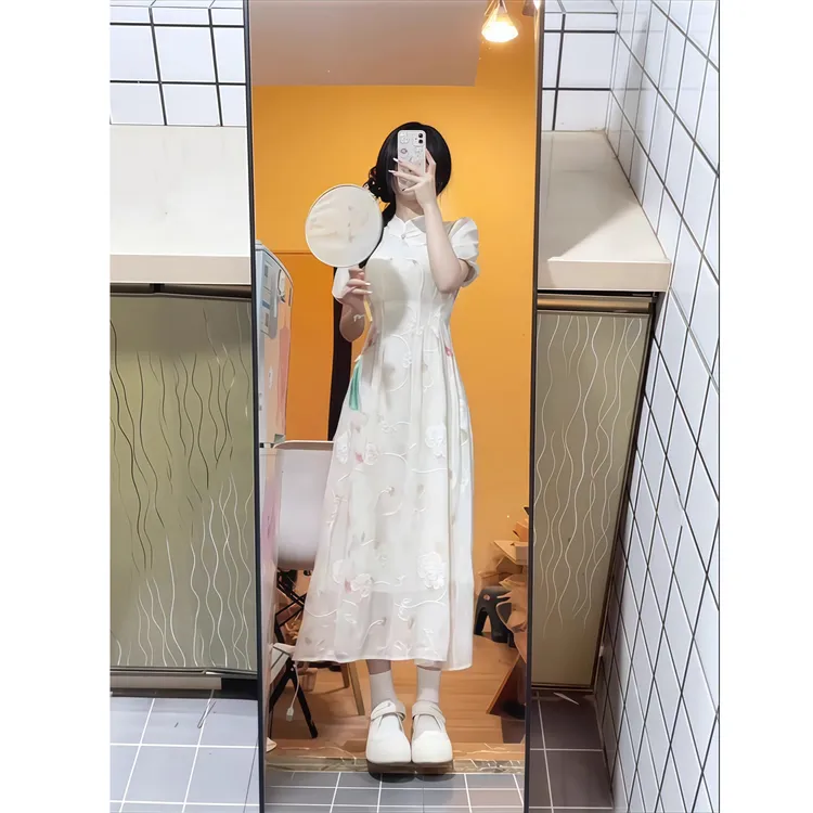 日常旗袍改良版新中式连衣裙女夏泡泡袖收腰清冷感禅意碎花长裙子