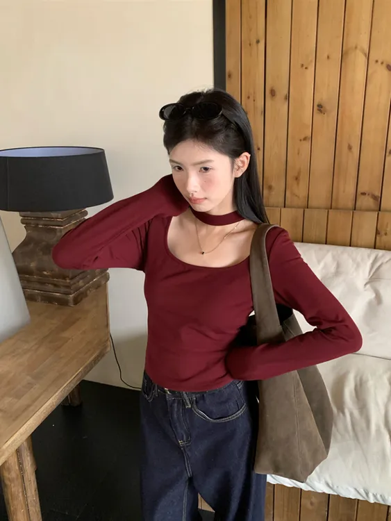胖MM纯欲甜辣u型领挂脖磨毛长袖t恤显瘦内搭打底衫