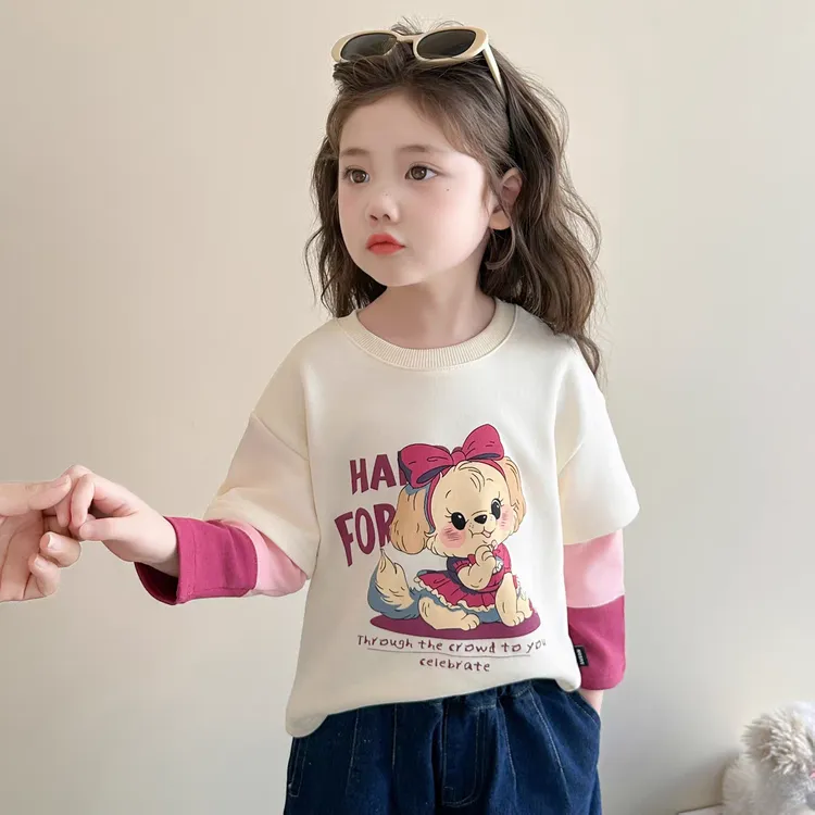 女童假两件长袖春秋季2025新款儿童秋装上衣女宝宝洋气时髦棉t恤