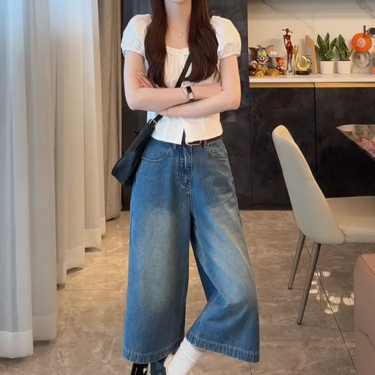 韩系减龄甜美风小衫上衣+新款高腰七分牛仔阔腿裤LK2504561