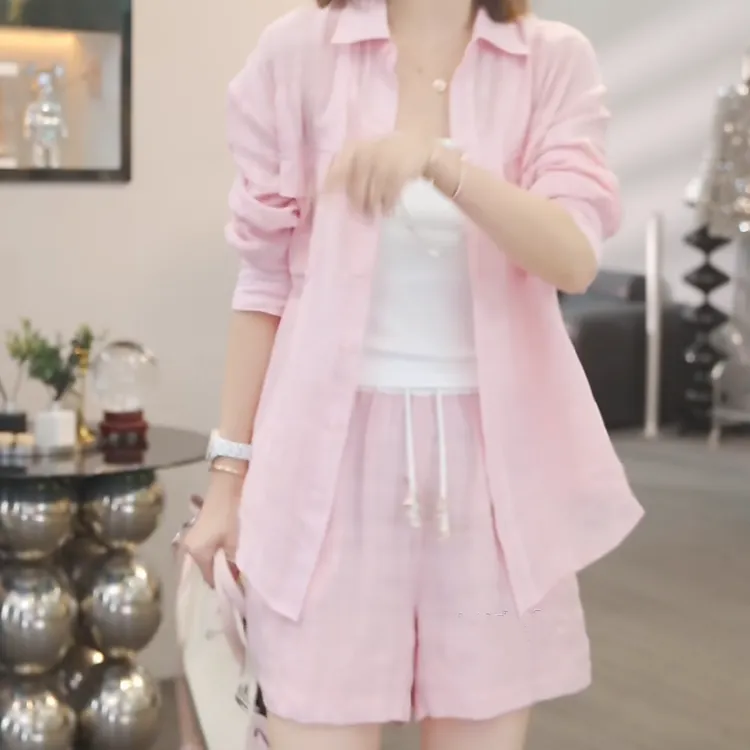 粉色防晒衬衫短裤套装女2025新款夏季时尚薄款高级感气质休闲洋气