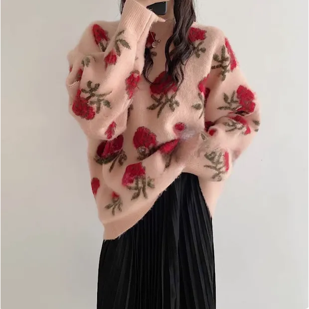 2024秋冬季新款宽松韩版慵懒风玫瑰花温柔甜美花朵套头毛衣女外穿