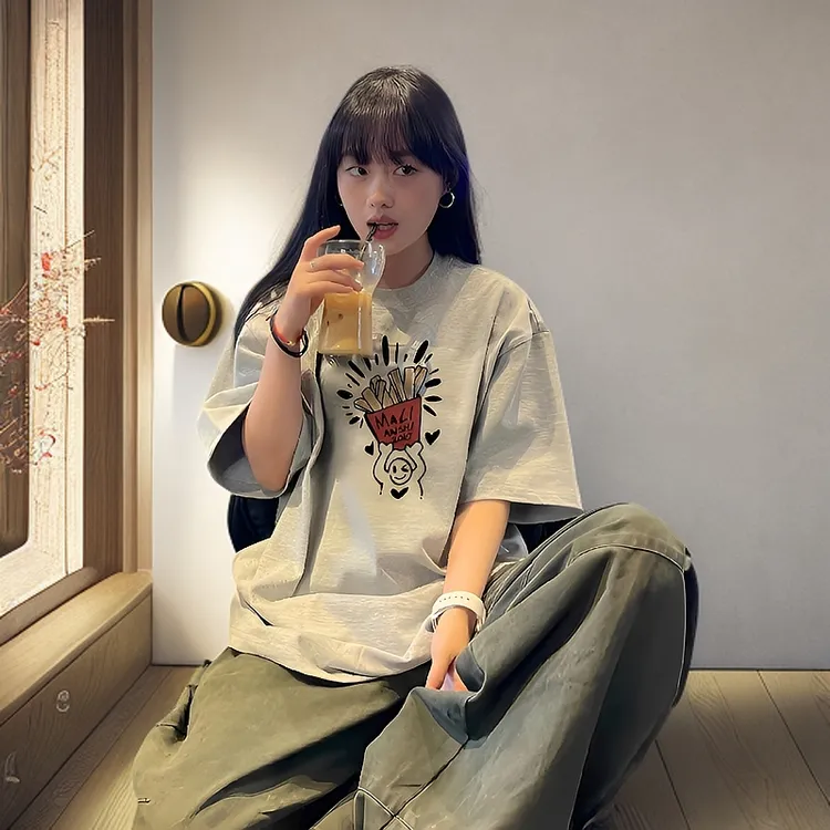 2025夏季新款纯棉休闲美式潮牌卡通印花短袖百搭t恤女设计感上衣