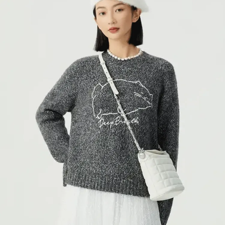 哥弟阿玛施正毛针织衫针织衫女士灰色中高领毛衣女套头衫针织时尚