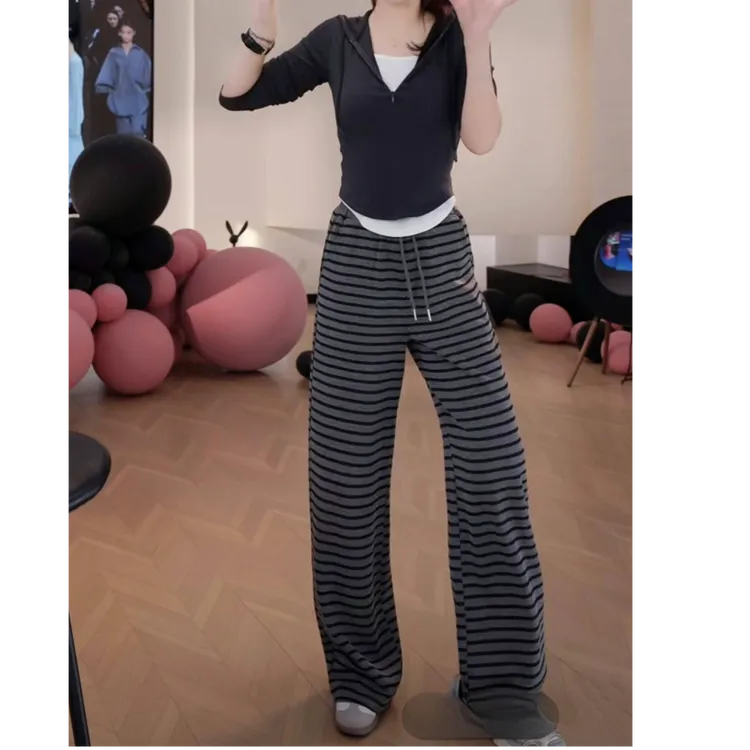 慵懒风时尚条纹撞色休闲裤女2025新款春季新款高级感直筒阔腿裤