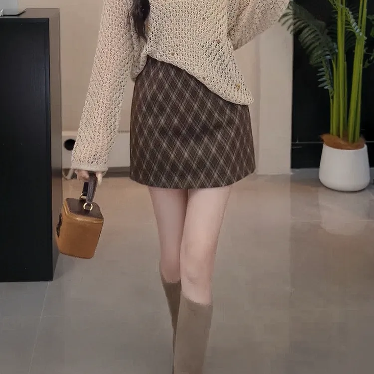 YUANLIANSU/圆脸酥【朗月弥冬】设计感复古A字格纹半身裙女秋季新款
