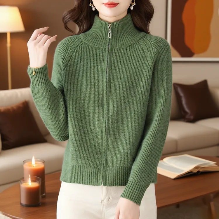 专柜正品春秋爆款羊毛衫女开衫宽松拉链毛衣外套翻领针织衫外搭