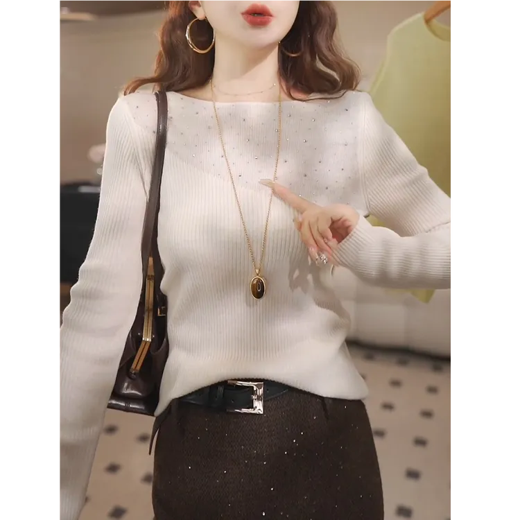 镂空烫钻打底衫女秋冬2025新款内搭洋气气质别致百搭长袖针织上衣