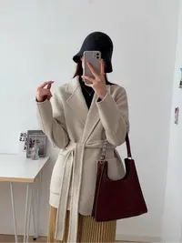 秋冬法式复古羊毛大衣女短款 韩版宽松系带修身羊毛外套
