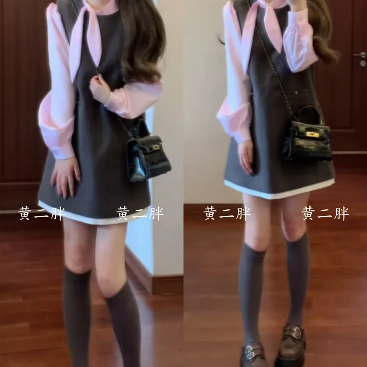 法式小香风毛呢背心裙衬衫两件套女秋新款气质甜美绑带衬衫连衣裙