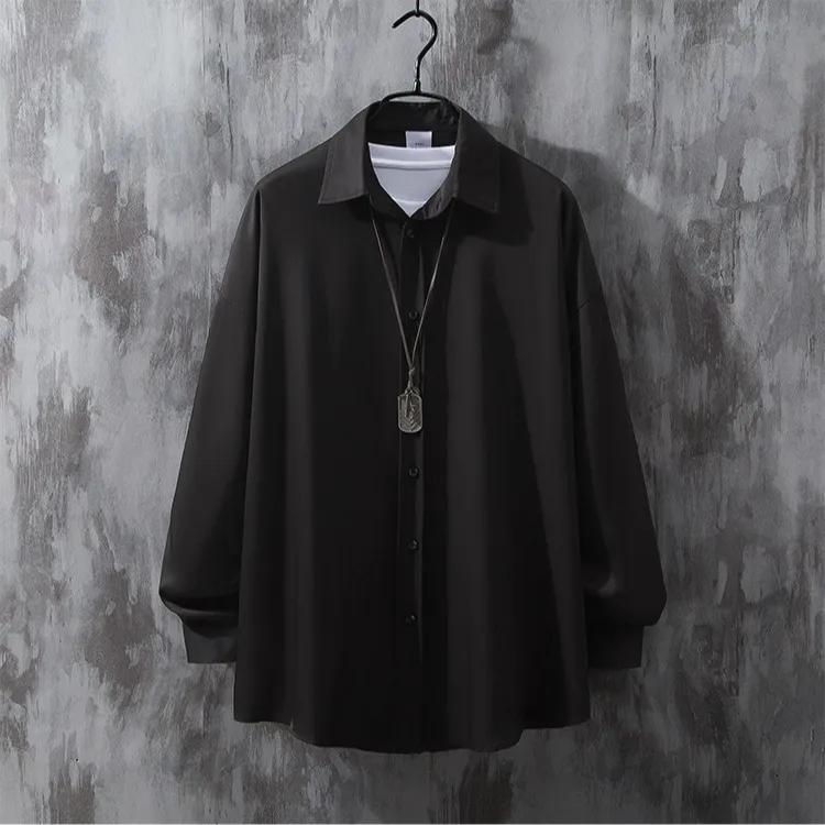 仓石一树港风日系黑色长袖衬衫男春秋季宽松慵懒风痞帅白衬衣外套