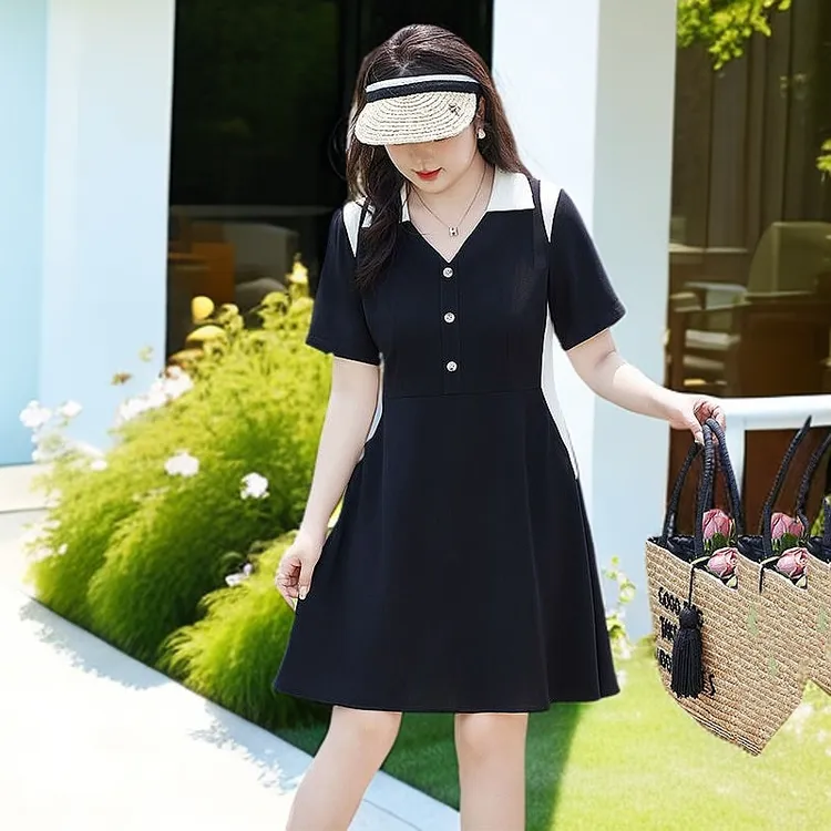 新款2025V领纽扣斜肩夏季A字裙大码连衣裙成人三粒扣中长裙简约风