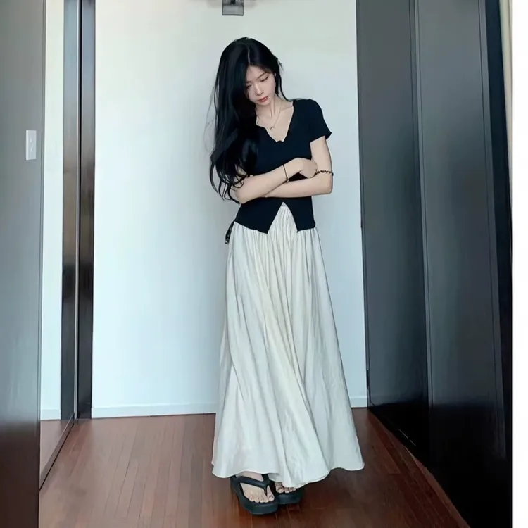 半身女夏季薄款松紧腰垂坠感高腰大摆裙A字长裙子温婉风衣服白色