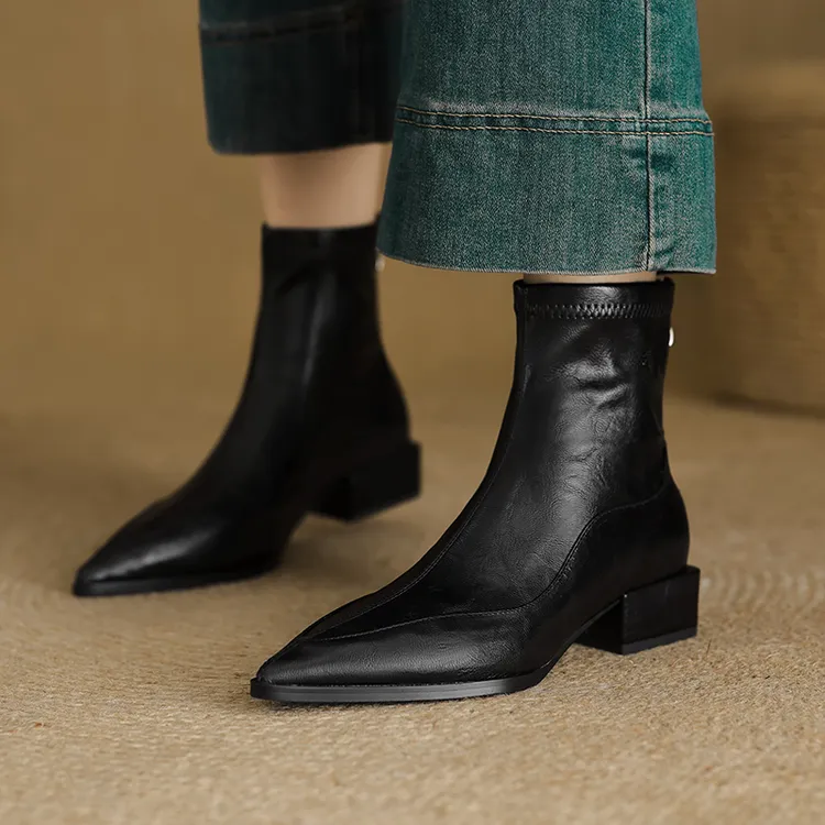 羊皮版~法式尖头弹力瘦瘦靴2025秋冬新款粗跟短靴女复古切尔西靴