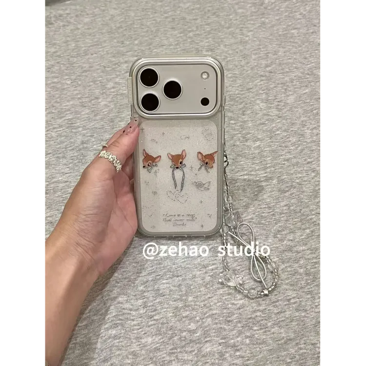 ins透底鎏金小鹿斑比手机壳适用于iPhone17promax包相机键IMD双层