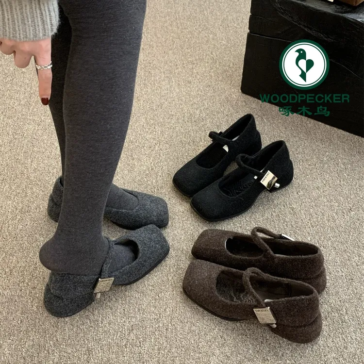 啄木鸟毛毛鞋女外穿新款法式复古呢子粗跟阔腿裤必备鞋显瘦加绒款