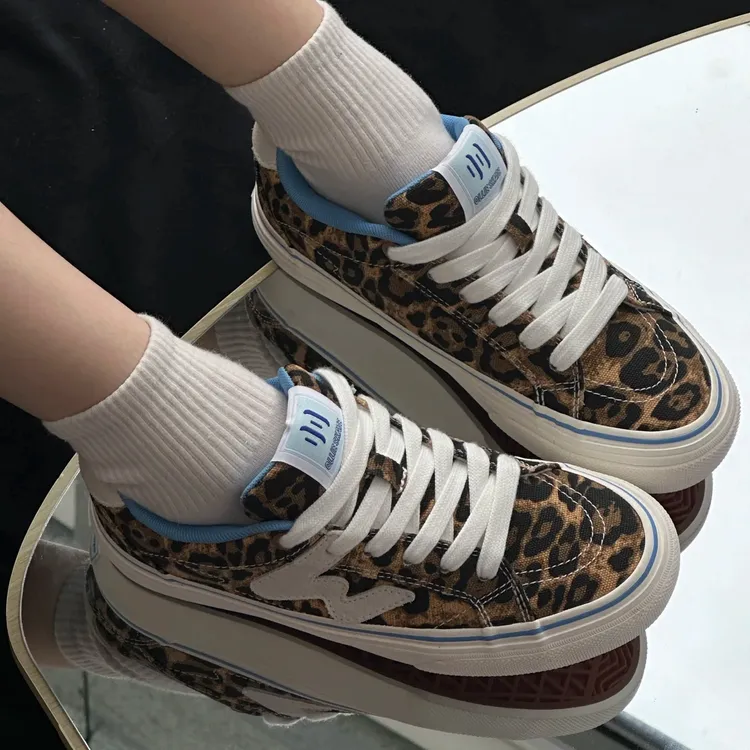 顽刻ollieskate豹纹印花夏季校园风帆布拼接低帮男女国潮滑板鞋