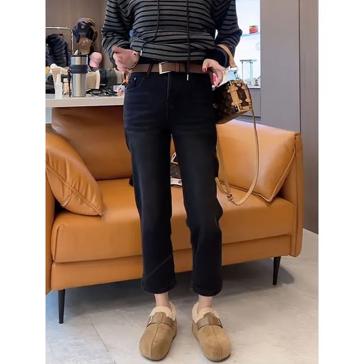 加绒加厚直筒牛仔裤女2025秋冬新款梨形身材小个子显瘦百搭烟管裤