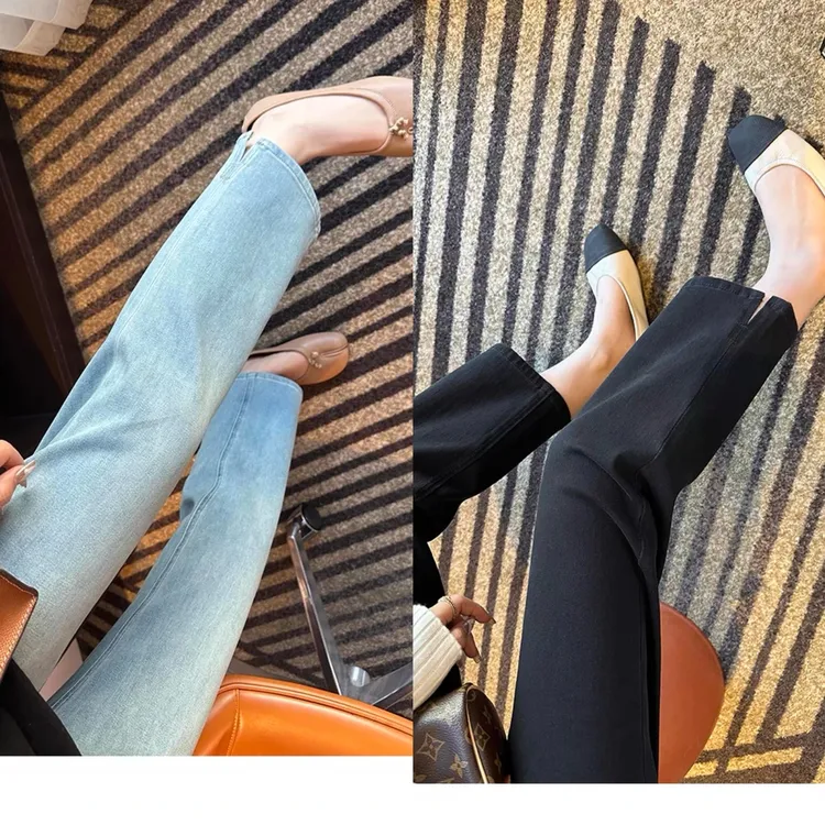 秋季小个子直筒九分牛仔裤胖mm气质高腰显瘦开叉烟管法棍直筒裤