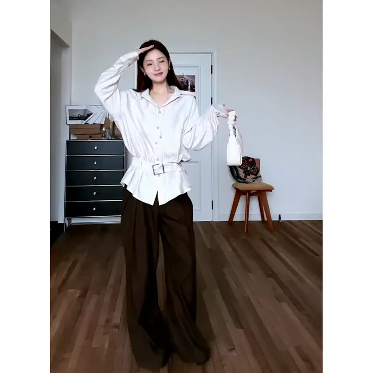 2025秋季新款韩系穿搭翻领长袖条纹修身衬衫百搭高腰显瘦阔腿长裤