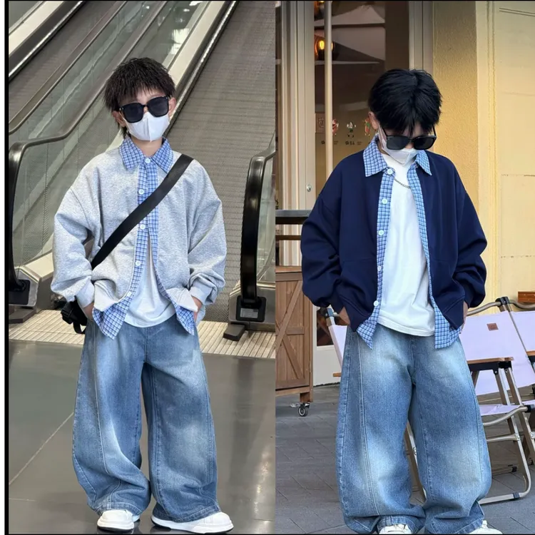 男童秋装衬衫外套春秋款2025新款中大童男孩秋季时髦假两件衬衣潮