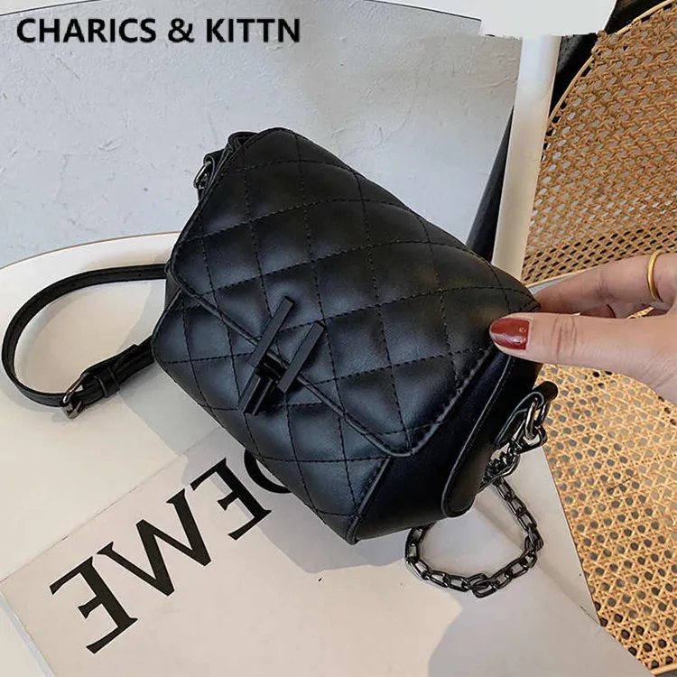 CHARICS&KITTN女包2025新款时尚菱格单肩链条斜挎包真皮百搭小包