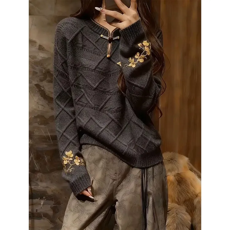 深灰色立领长袖针织衫女2025秋冬新款新中式高端精致绣花毛衣爆款