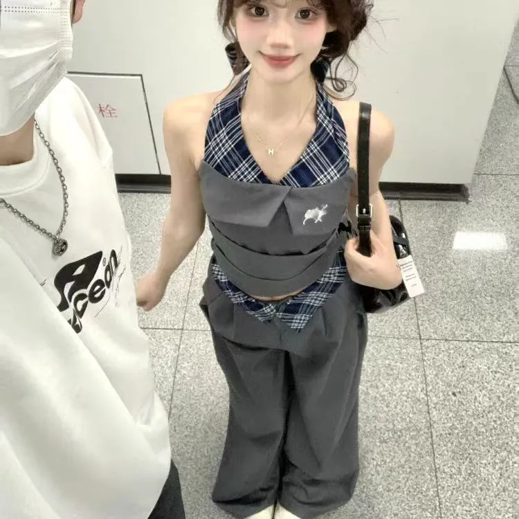 辣妹时尚套装2025夏季新款拼接挂脖吊带背心休闲阔腿裤通勤两件套