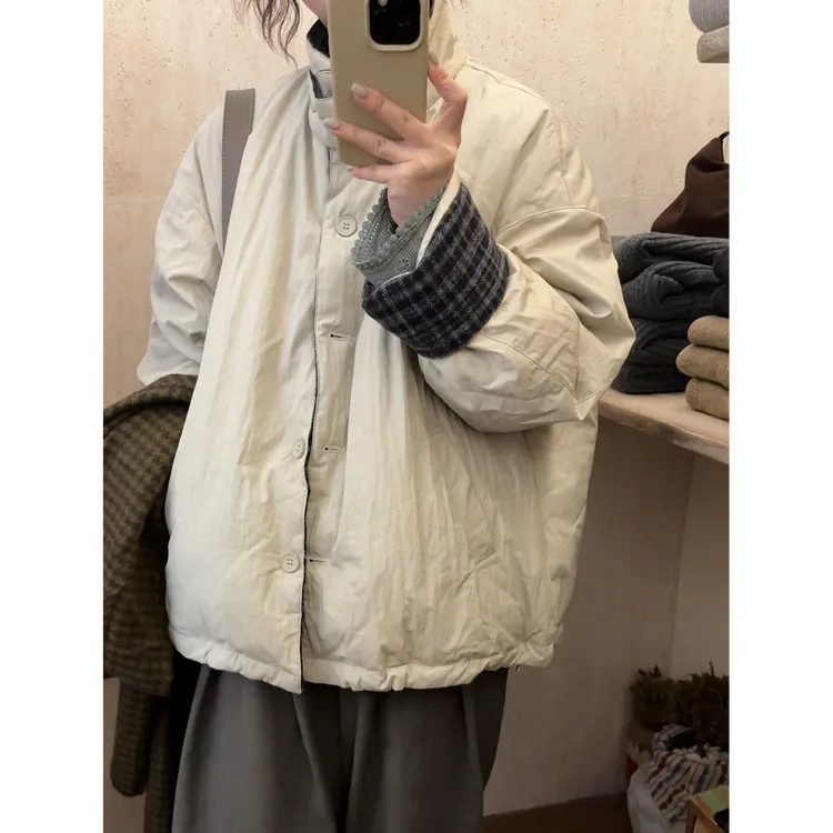 MARIE.COCO韩系复古设计感格子立领棉服女秋冬季外套穿搭休闲裤子