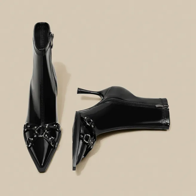 黑色尖头细跟短靴女法式气质高跟瘦瘦靴子2025秋冬新款单靴