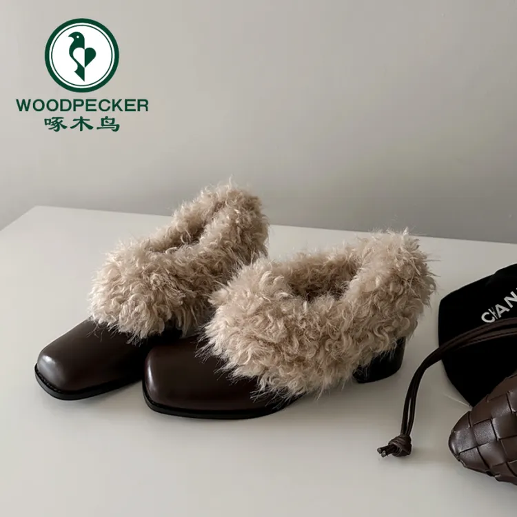 啄木鸟方头复古加绒毛毛鞋女一脚蹬保暖玛丽珍小皮鞋棉鞋粗跟单鞋