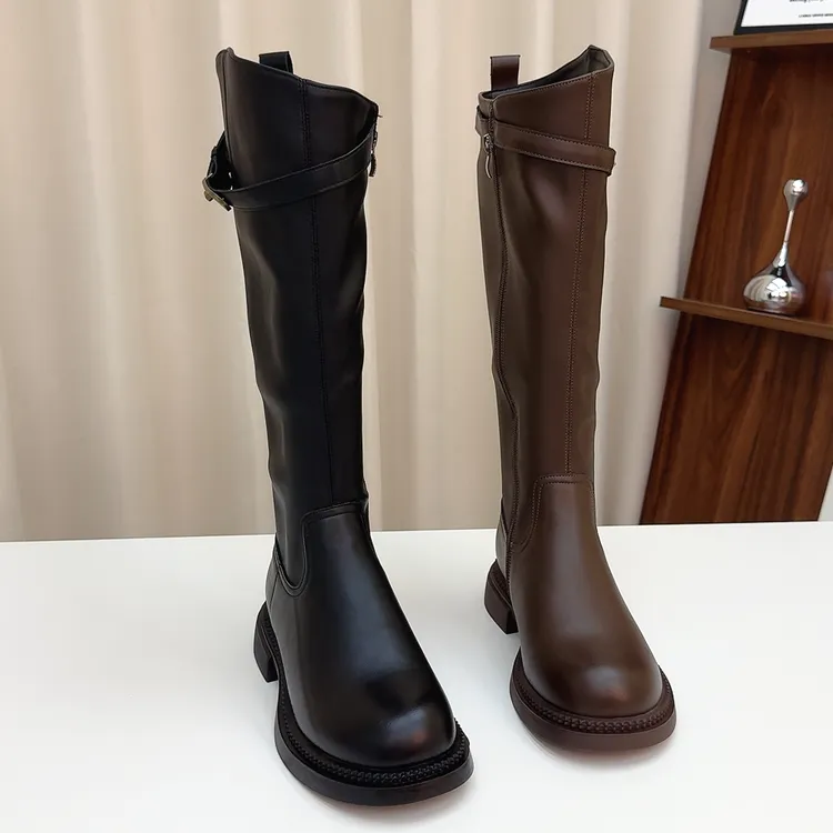 搭扣款薄底v口不过膝机车骑士靴侧拉链加绒大码长筒瘦瘦靴皮带扣