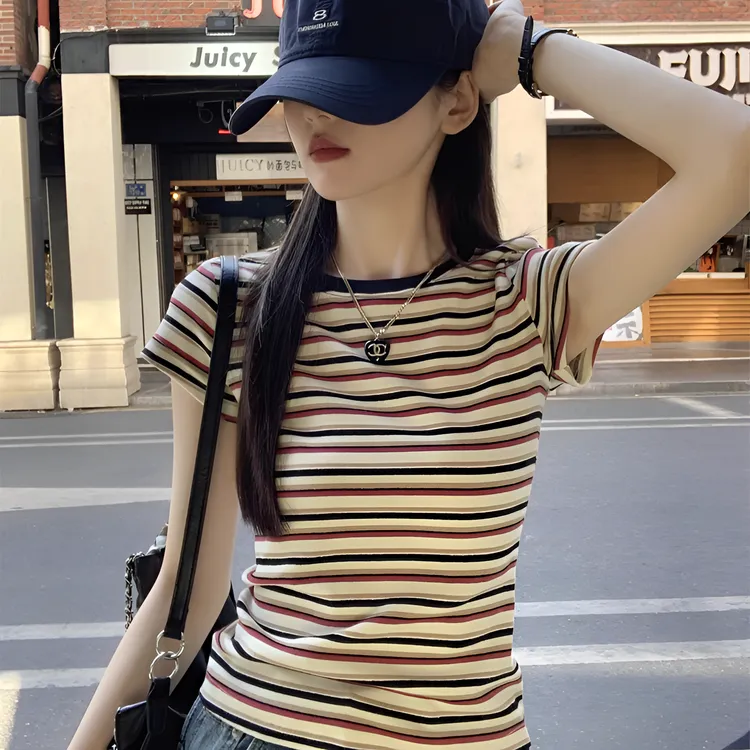 美式复古chic条纹T恤女夏季撞色设计感减龄显瘦修身上衣正肩短袖