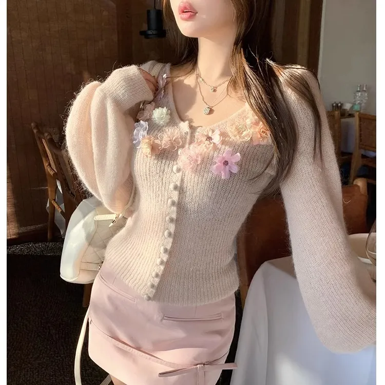 纯欲甜辣妹立体花朵设计感针织开衫女2025夏季小众收腰显瘦毛衣