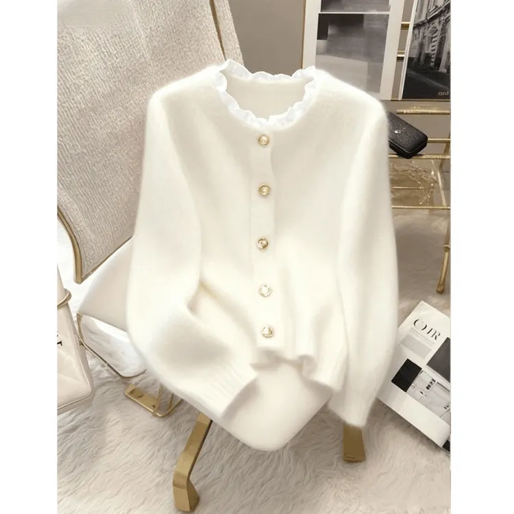 2024年秋季韩系穿搭设计感毛针织上衣高级感小香风白色毛衣女潮