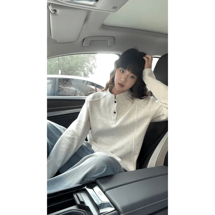 亨利领拼接长袖t恤男款早秋季正肩美式立领polo衫重磅卫衣打底衫