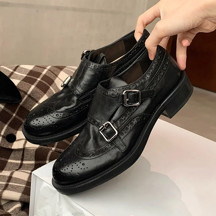 水洗牛皮秋冬英伦风jk鞋子一脚蹬乐福鞋粗跟单鞋平跟小皮鞋女加绒