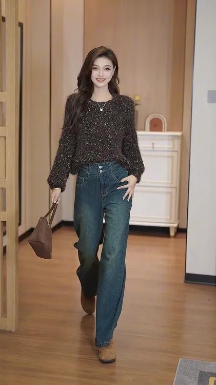 秋季新款阔腿牛仔裤女双排扣高腰显瘦垂感百搭直筒裤子
