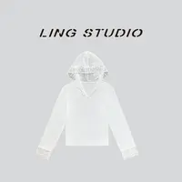 LING/STUDIO『风吟蕾丝』秋季百搭气质蕾丝拼接连帽长袖T恤5091679 